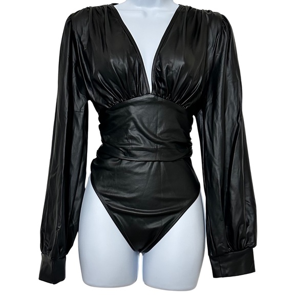 SHEIN Tops - SHEIN Faux Leather Long Sleeve Bodysuit – Black (Size L / US 8–10)